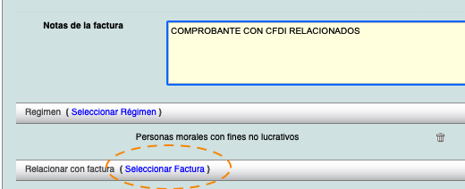 Seccion Relacionar con factura remarcando Seleccionar Factura