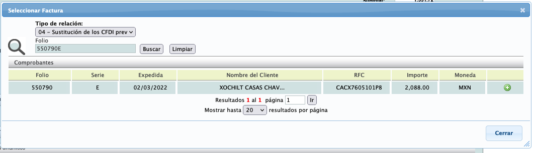 Listado de comprobantes filtrado con tipo de relacion 04 y Folio en cuadro de dialogo de Seleccionar Factura