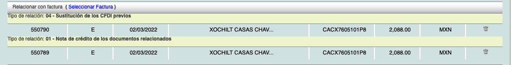 Listado de CFDI relacionados agrupados por tipo de relacion 04 y 01, en seccion Relacionar con factura