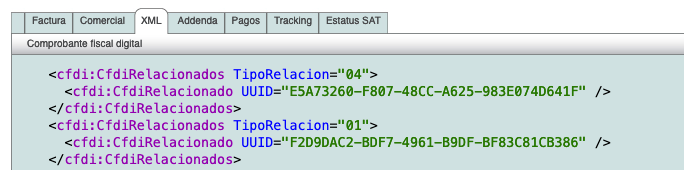 XML con nodos CFDI relacionado con propiedad tipo relacion 04 y 01